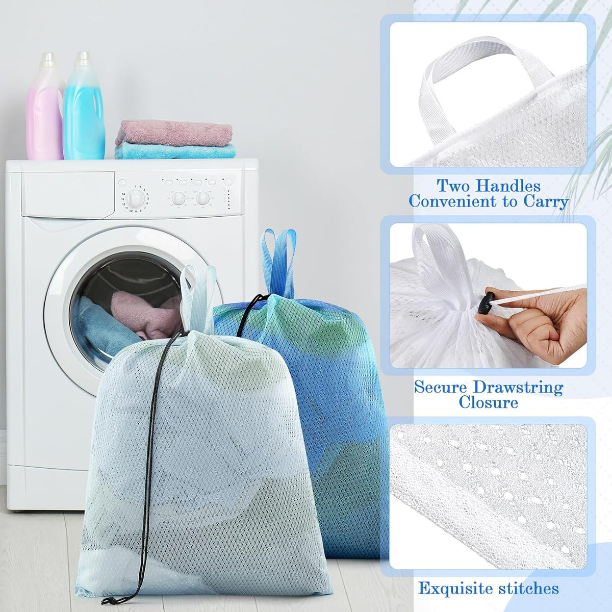 6 Pack 20 x 17 Inches Blue Mesh Laundry Bag with Handles Machine Washable Secure Drawstring Closure