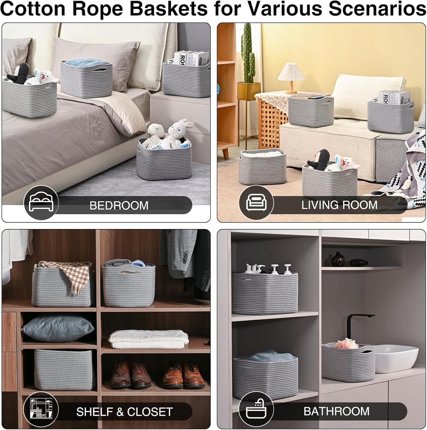 Small Storage Baskets for Organizing, Woven Storage Baskets for Shelves, Cotton Rope Basket for