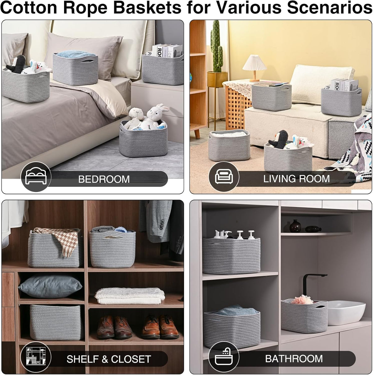 Small Storage Baskets for Organizing, Woven Storage Baskets for Shelves, Cotton Rope Basket for