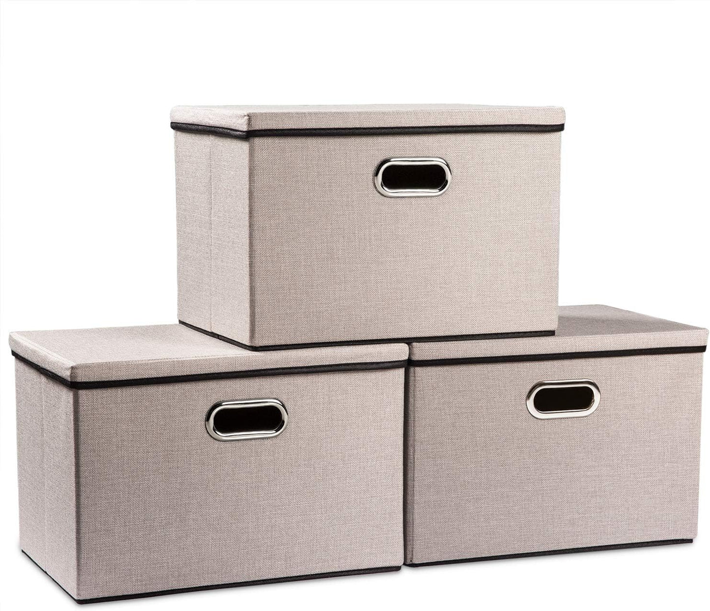 PRANDOM Large Foldable Storage Bins with Lids [3-Pack] linenFabric Decorative Storage Boxes