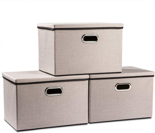 PRANDOM Large Foldable Storage Bins with Lids [3-Pack] linenFabric Decorative Storage Boxes