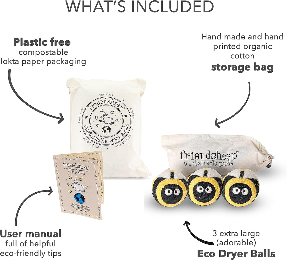 Friendsheep Wool Dryer Balls, Organic Reusable Fabric Softener Alternative for Laundry, Handmade