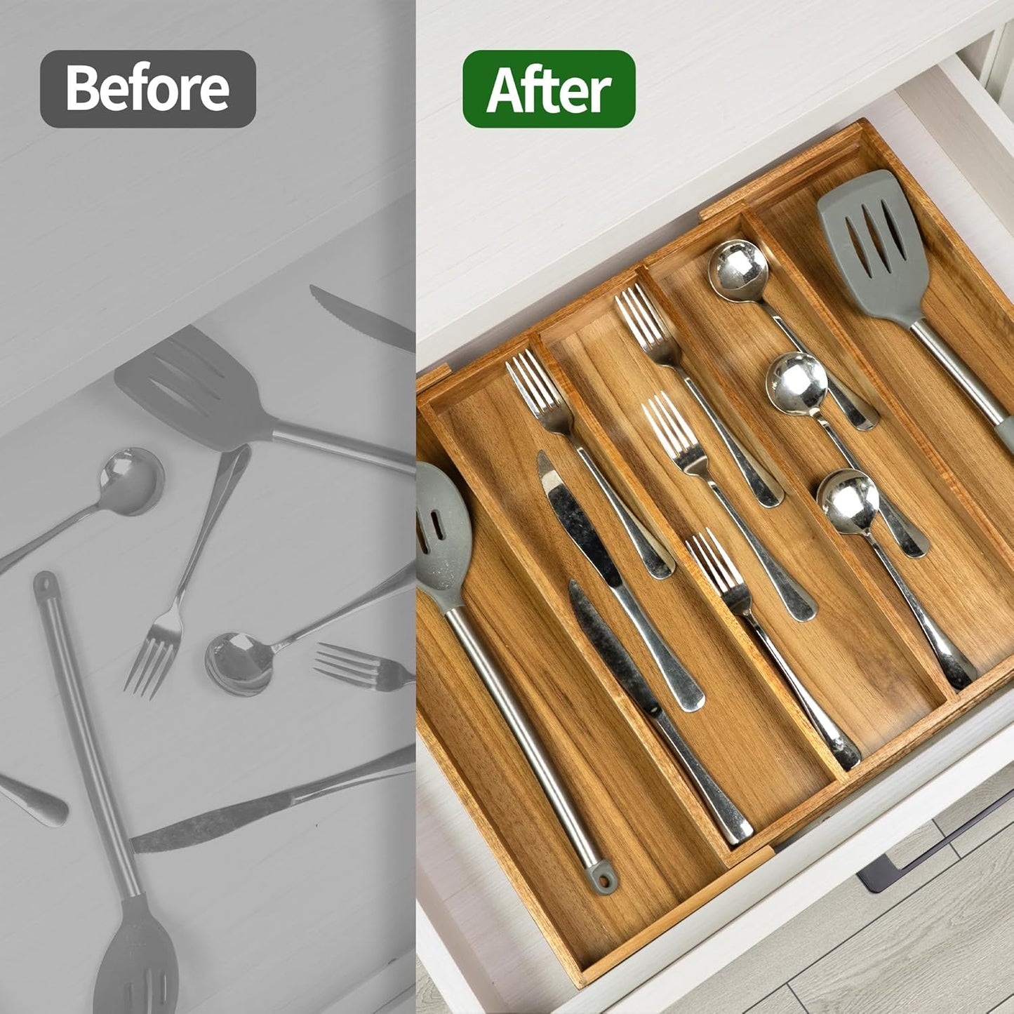 VaeFae Acacia Kitchen Silverware Organizer, Cutlery Drawer Organizer with 5 Compartments, Wooden