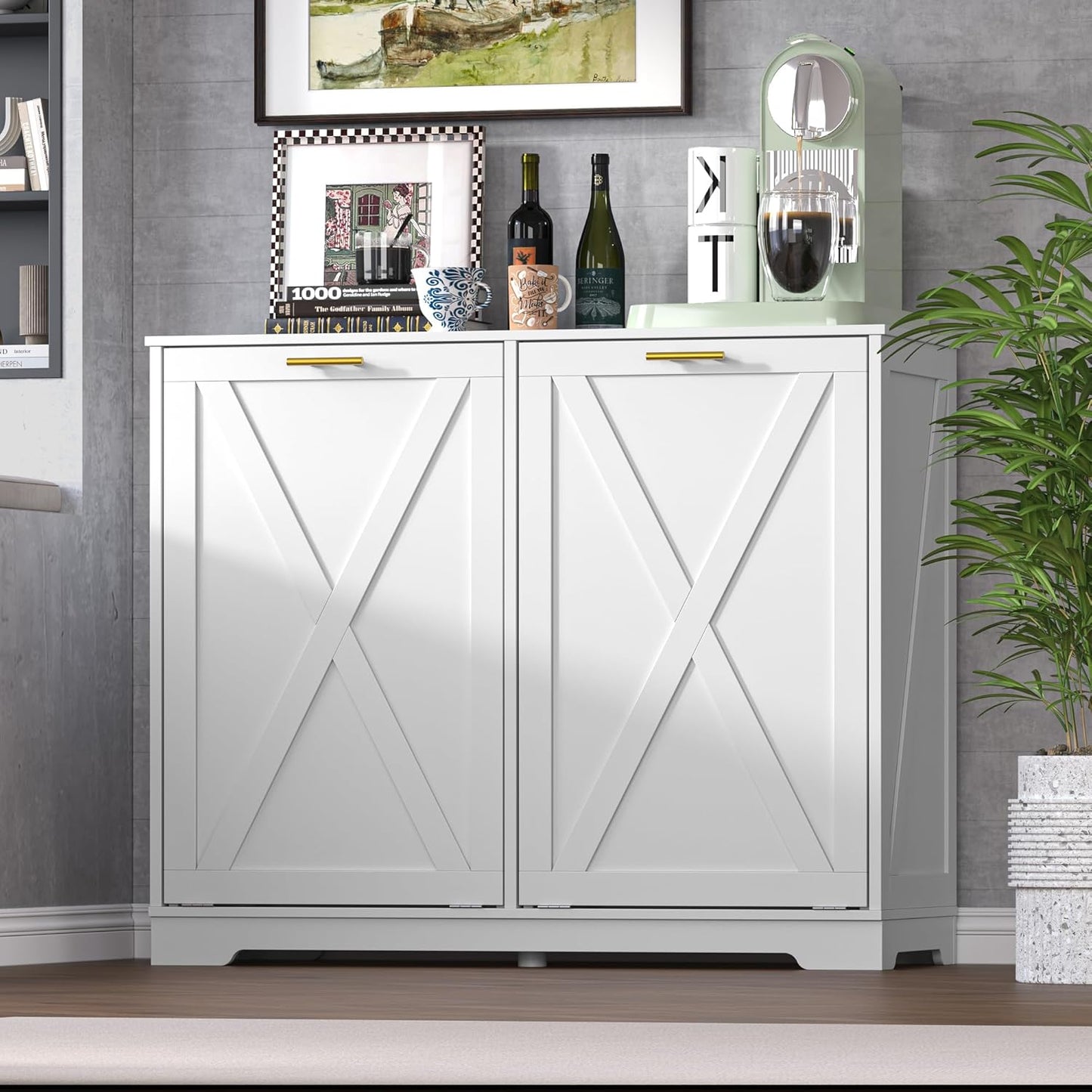 Tilt Out Trash Can Cabinet for 2 Bins, Hidden Recycle Garbage Bin Enclosure, Wooden Double Laundry