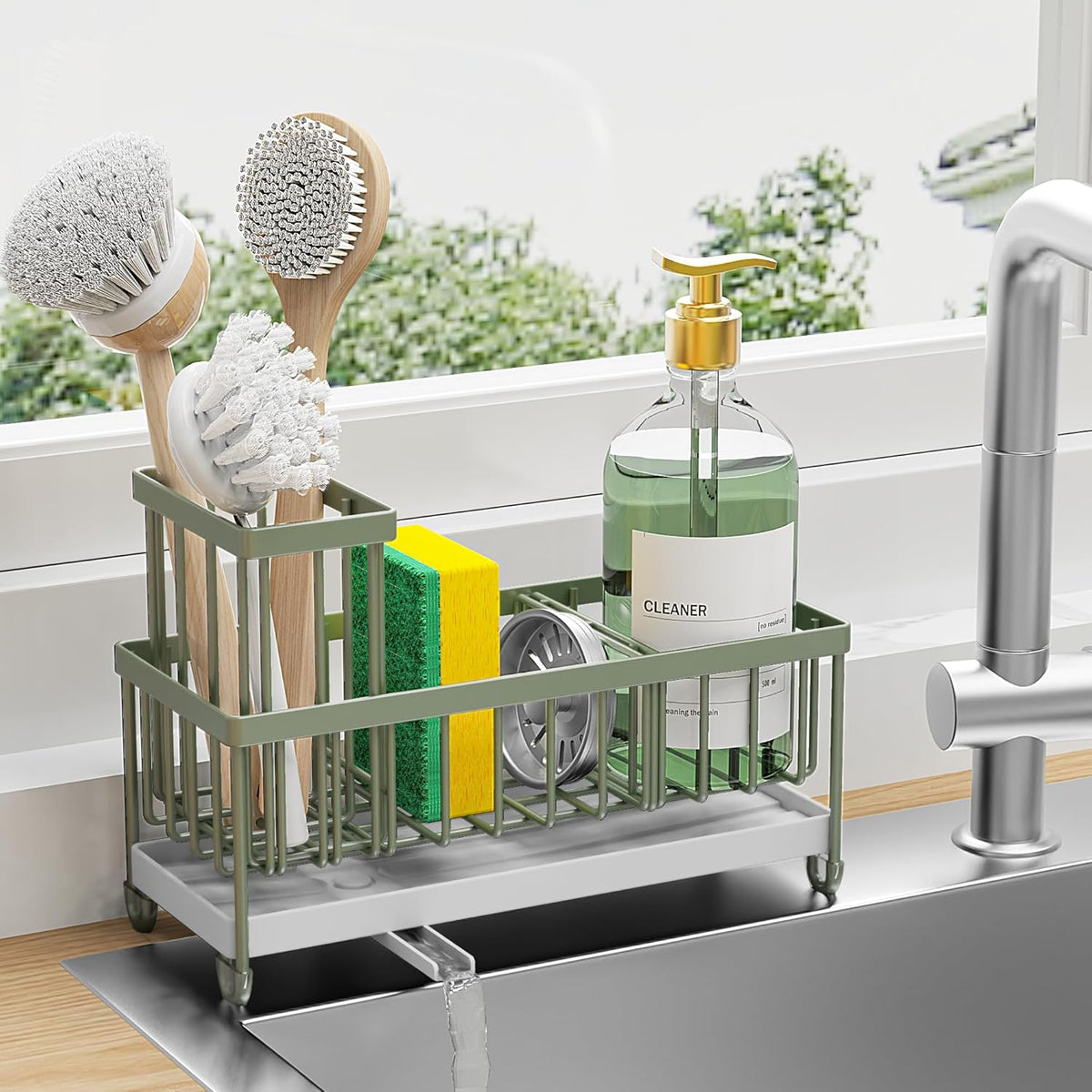 Cisily Sage Green Sponge Holder for Kitchen Sink, Sink Caddy Organizer with High Brush Holder