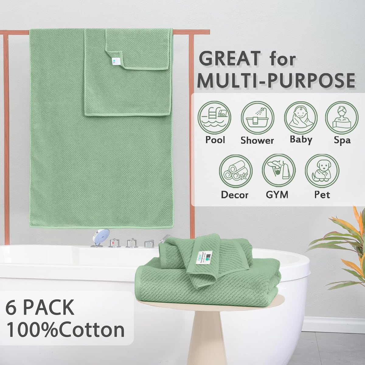 VOOVA & MOVAS Green Towels for Bathroom - 100% Cotton | Quick Dry | Lightweight | Thick | Soft, 6