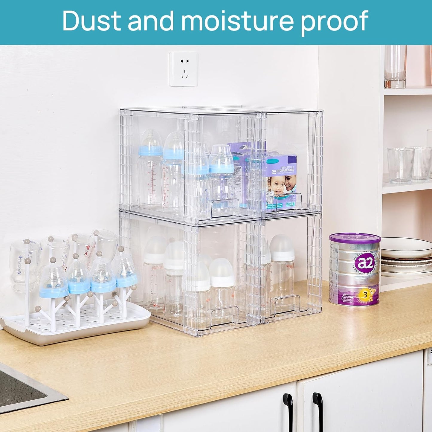 Vtopmart 4 Pack Clear Stackable Storage Drawers,9.7" High Plastic Organizers Bins for Skincare