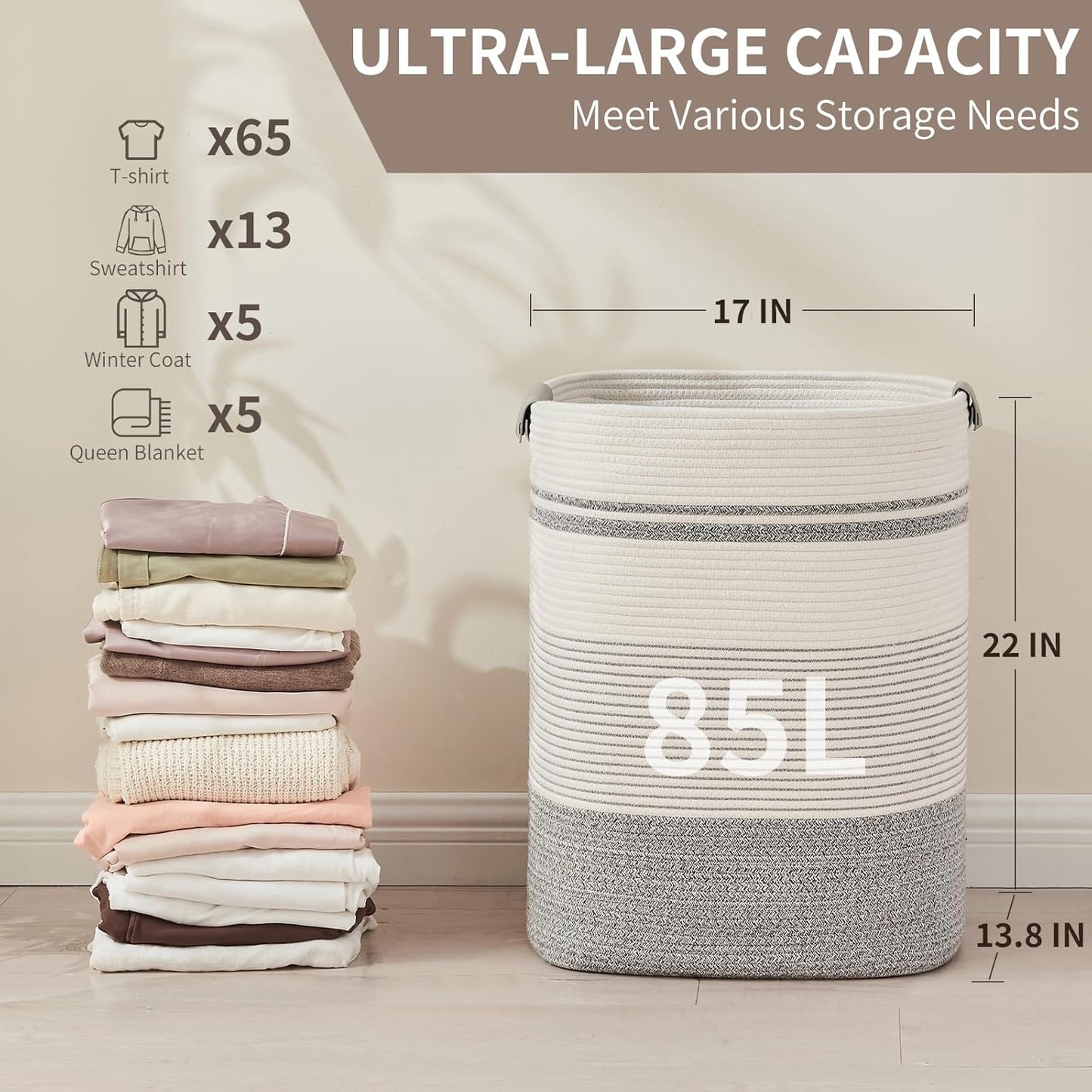 Laundry Basket with Handles - Blanket Basket & Hampers for Bedroom Aesthetic, Laundry Hamper &