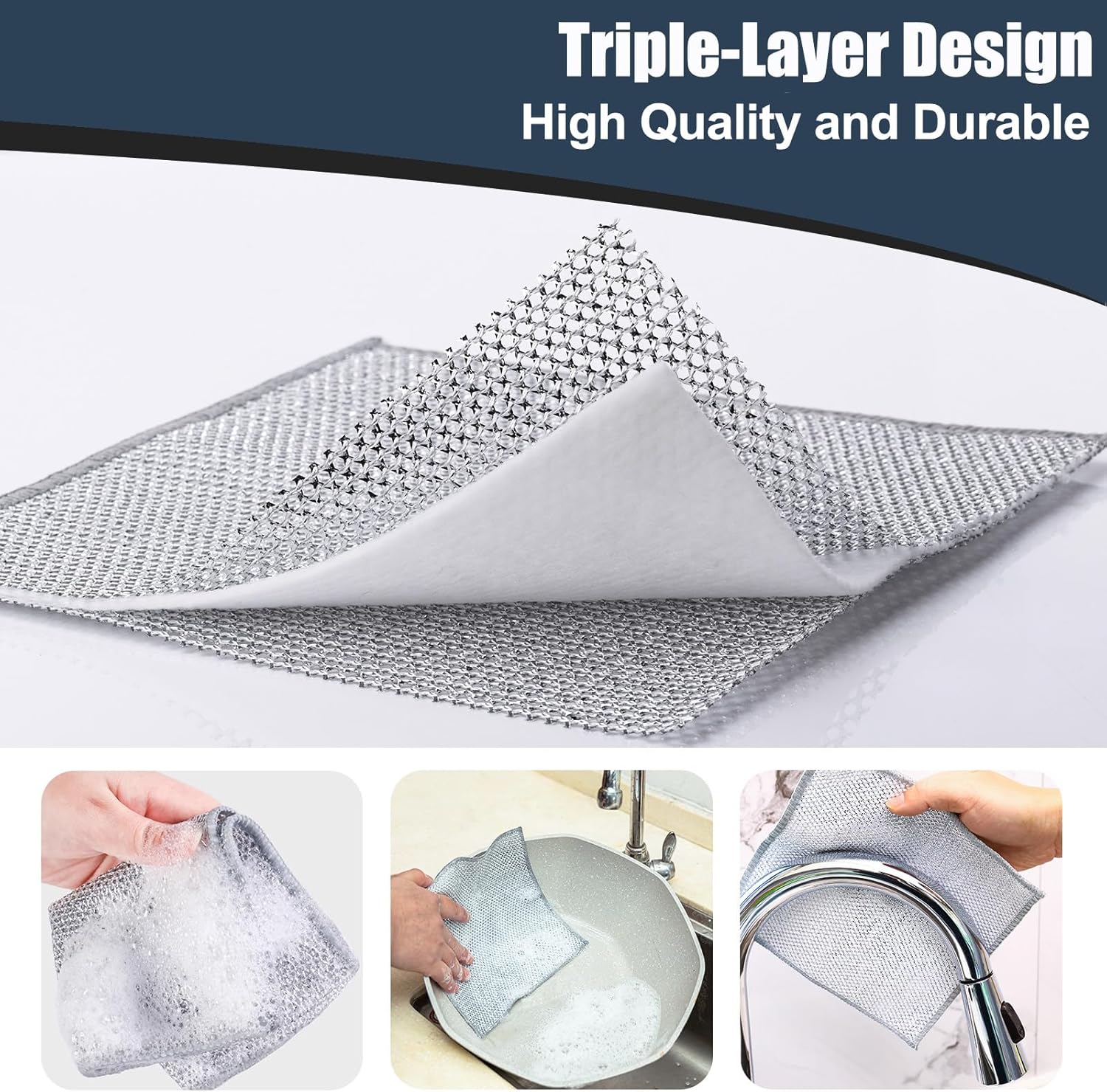 Navona 12 Pcs New Upgrade Steel Wire Dishcloth,Triple-Layer Steel Wire Cleaning Cloth,Powerful