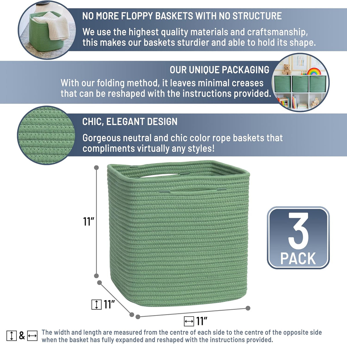 NaturalCozy Storage Cubes 11 Inch Cotton Rope Woven Baskets for Organizing, 3-Pack | Cube Storage