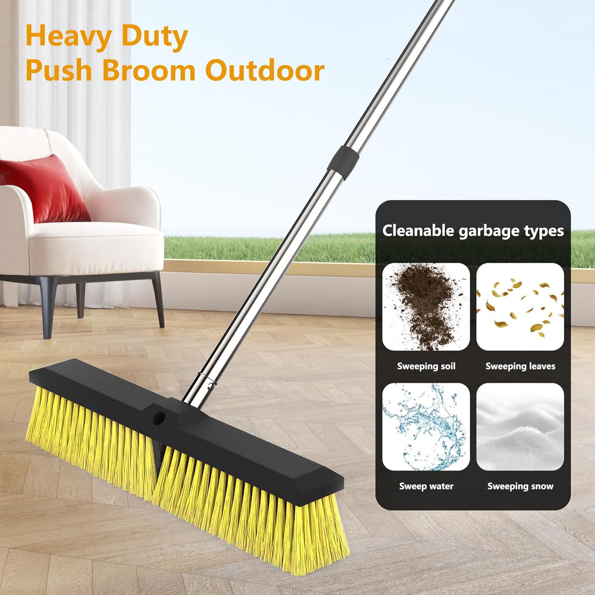 18 Inches Push Broom Outdoor with 65" Adjustable Handle, Heavy Duty Outdoor Broom with Stiff