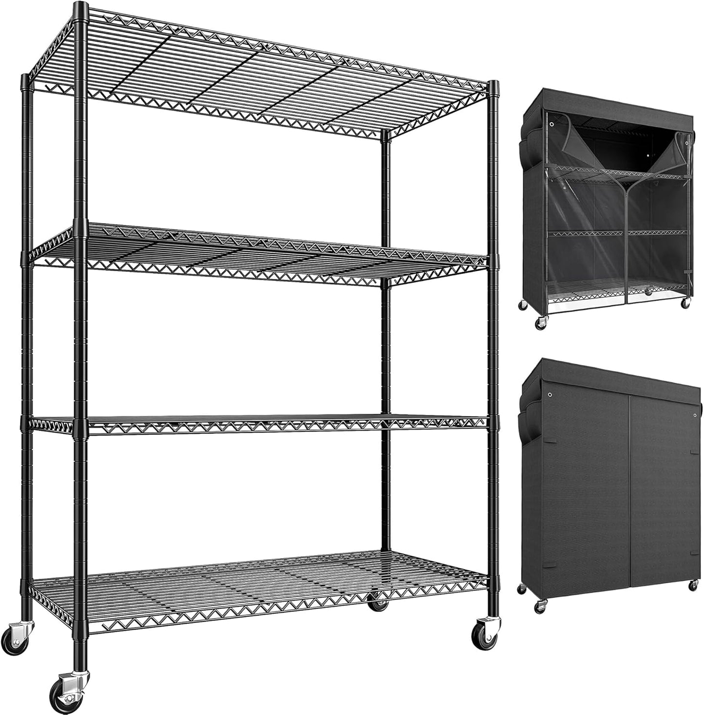 REIBII 4-Tier Storage Shelves Wire Shelving Unit with Cover & Wheels, Heavy Duty Metal Shelving for