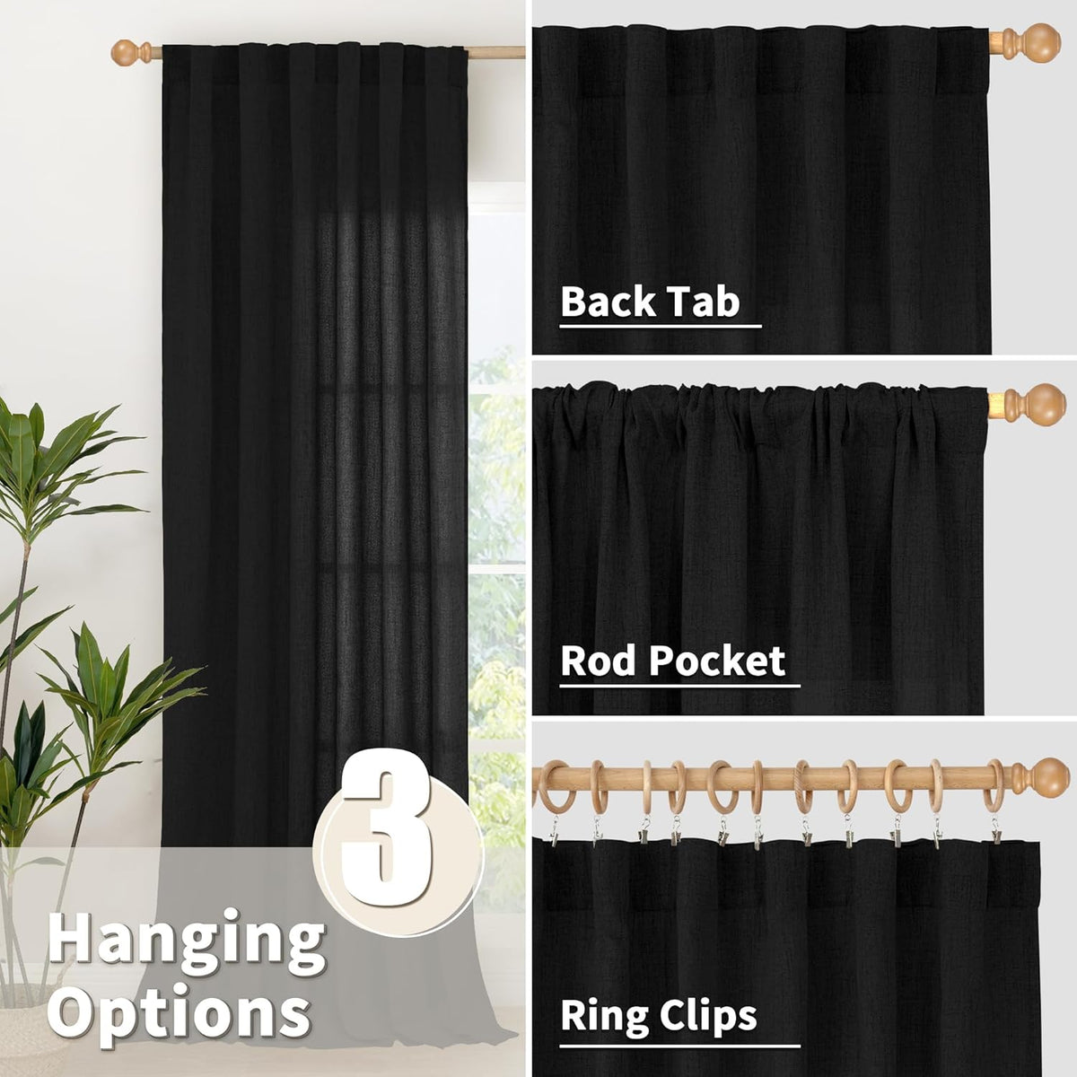 YoungsTex Black Linen Curtains 63 inch Length 2 Panels for Living Room, Back Tab and Rod Pocket