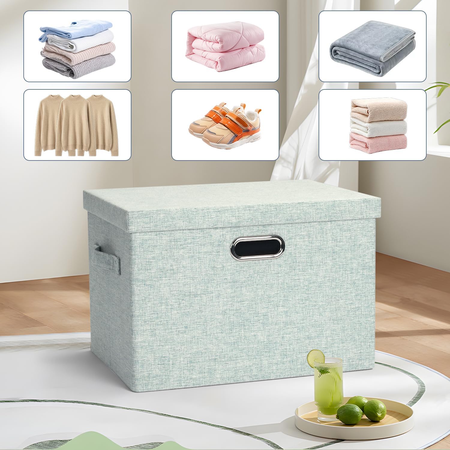 Large 17" 36 Quart Collapsible Stackable Storage Bins with Lids, 3 Packs Light Green Linen Fabric