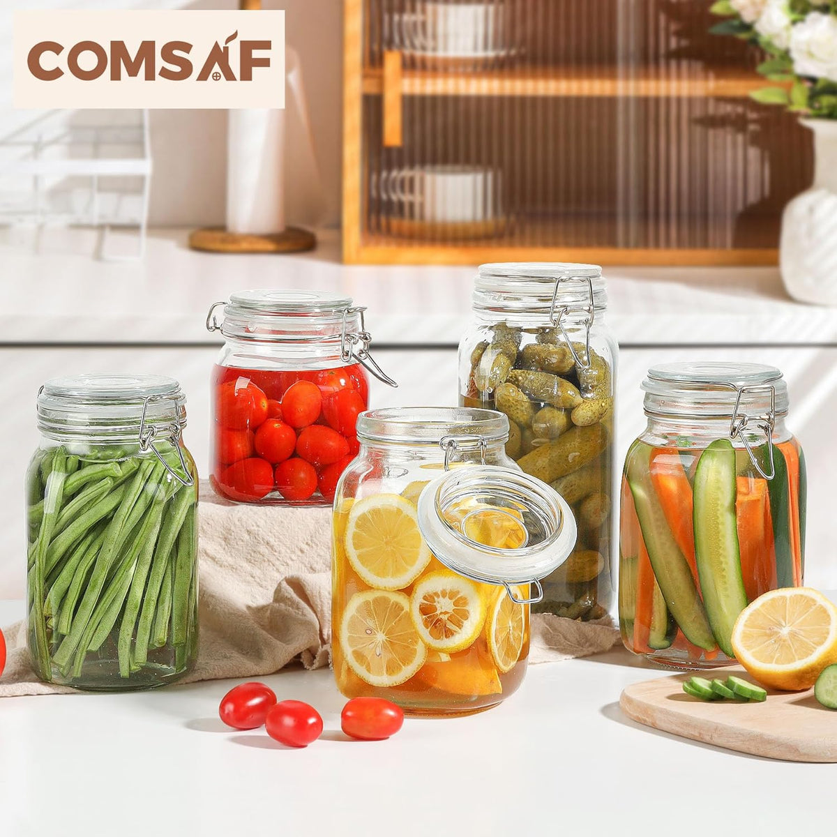 ComSaf Airtight Glass Canister Set of 3 with Lids 50oz Clear Food Storage Jars Square, Kitchen &