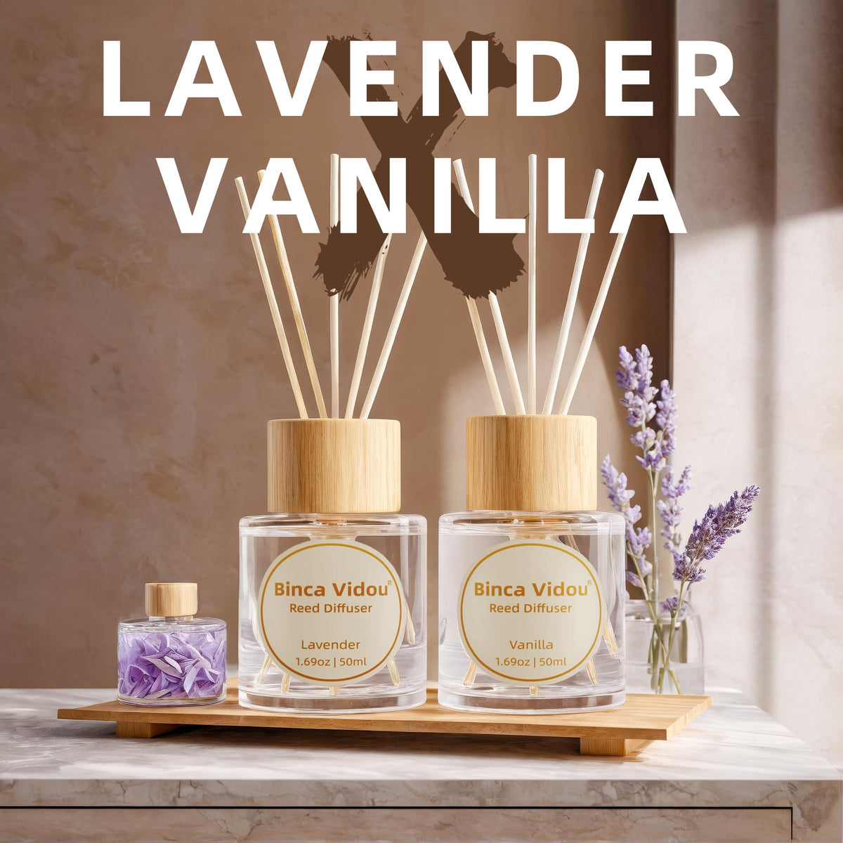 Reed Diffuser Set, Binca Vidou Lavender & Vanilla Natural Scent Oil Diffusers with Sticks for Home