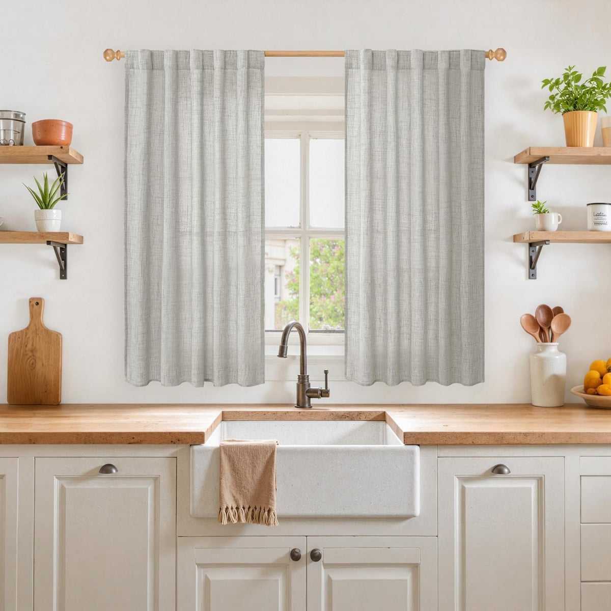 YoungsTex Light Grey Linen Curtains 45 Inch Length for Short Window, Light Filtering Burlap