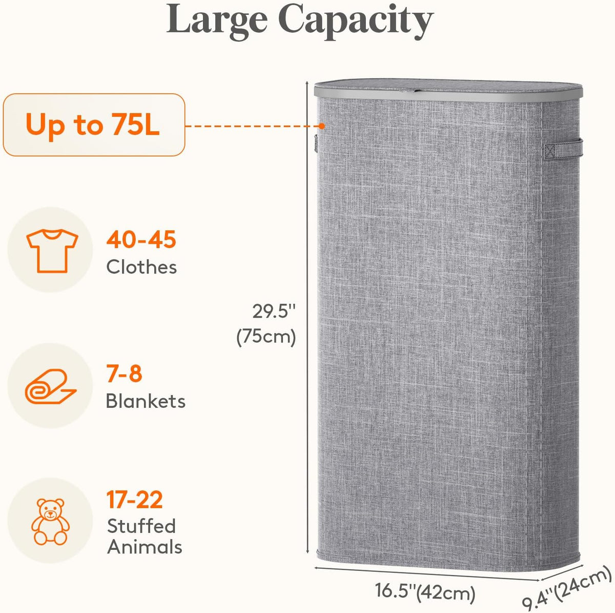 Lifewit 75L Slim Laundry Basket with Lid, Narrow Large Laundry Hamper with Plastic Handles and