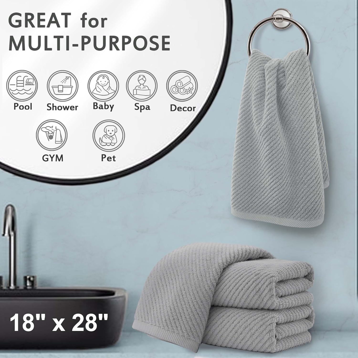 VOOVA & MOVAS Grey Hand Towels for Bathroom, Large 18" x 28" - 100% Cotton | Lightweight | Thick |