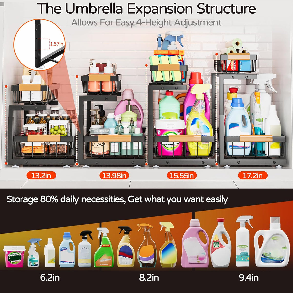 ADBIU Under Sink Organizer, 2 Pack 2 Tier Expandable Height (13.2" - 17.2") Pulling Out Kitchen
