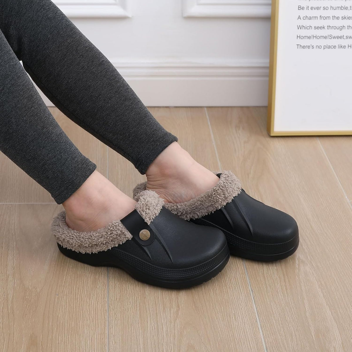 Beslip Classic Fur Lined Clogs Waterproof Winter Fuzzy Slippers for Women Men Indoor and Outdoor