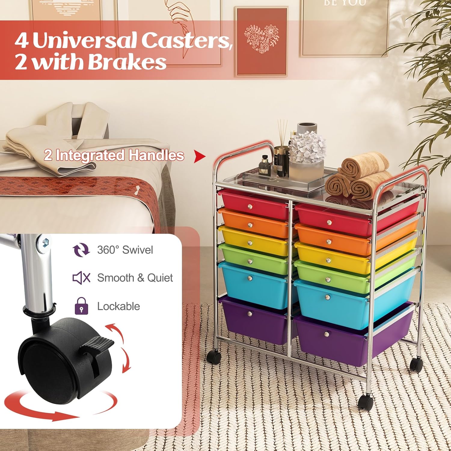 GOFLAME 12-Drawer Rolling Storage Cart, Multipurpose Organizer Cart with 2 Sizes Plastic Drawers