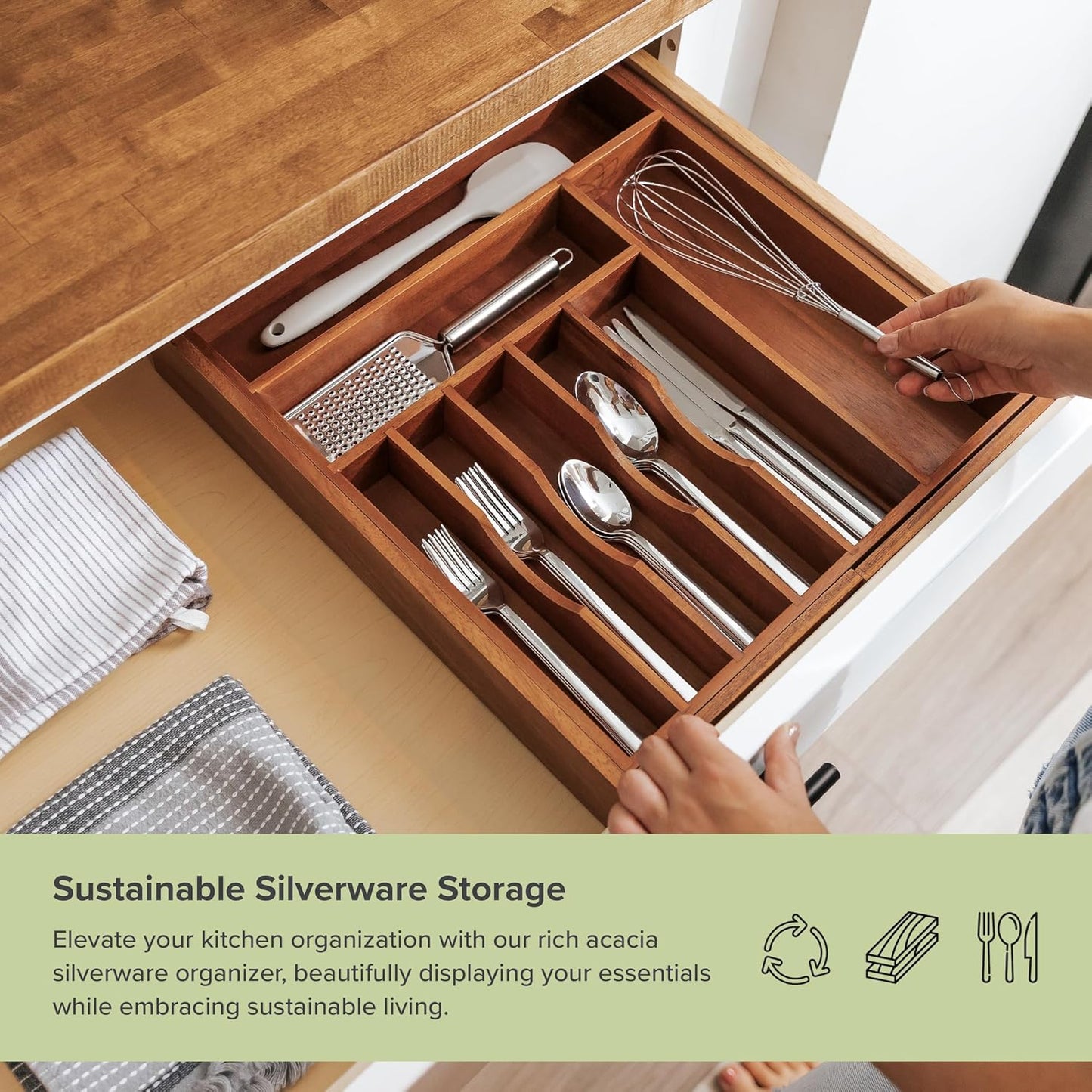 KitchenEdge Premium Silverware, Flatware and Utensil Organizer for Kitchen Drawers, Food-Safe