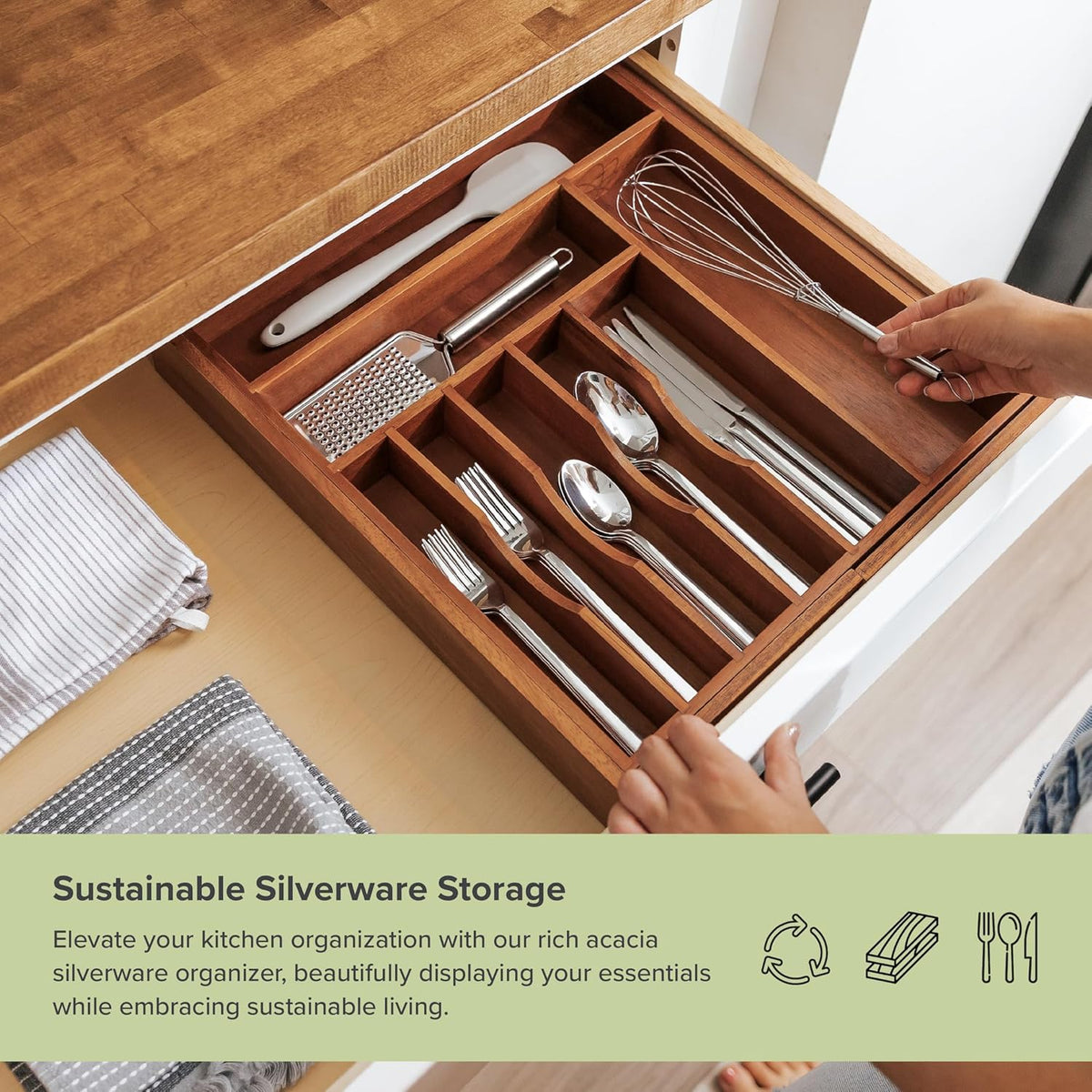 KitchenEdge Premium Silverware, Flatware and Utensil Organizer for Kitchen Drawers, Food-Safe