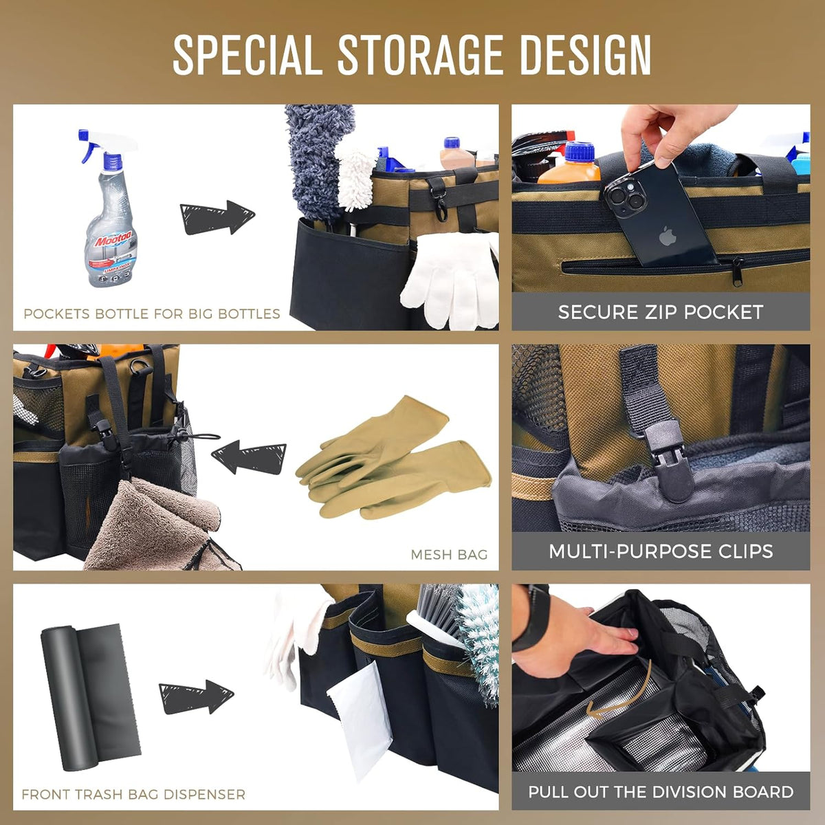 Wearable Cleaning Caddy Organizer with Handle & Shoulder Straps for Housekeepers, Under Sink & Car