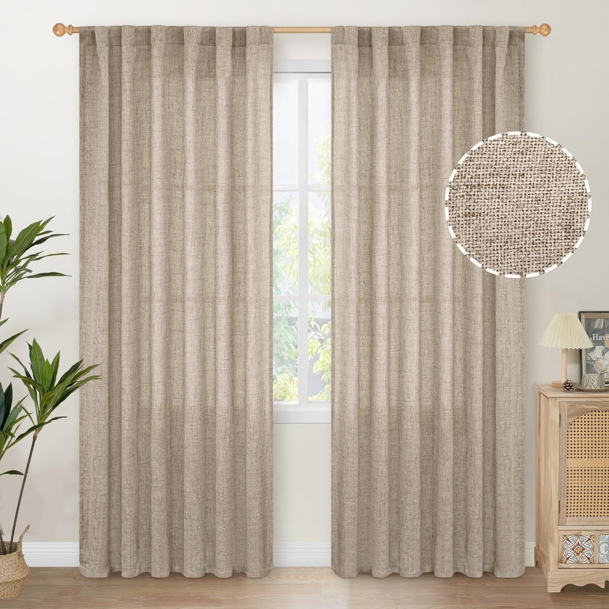 YoungsTex Linen Curtains 84 Inches Long for Living Room Farmhouse, Oatmeal Semi Sheer Drapes Light