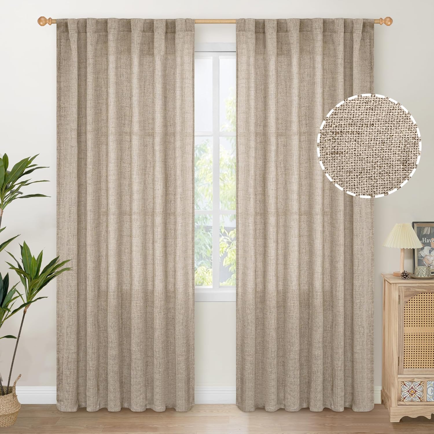 YoungsTex Linen Curtains 84 Inches Long for Living Room Farmhouse, Oatmeal Semi Sheer Drapes Light