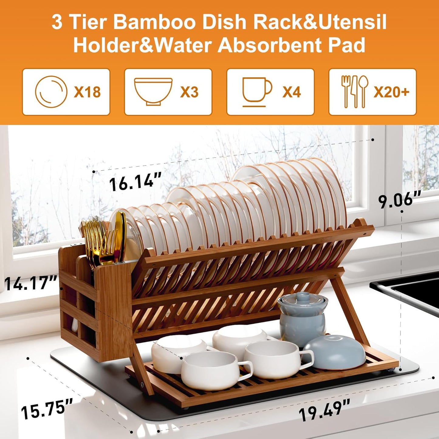 Greenual Teak Dish Drying Rack with Utensil Holder, 3 Tier Collapsible Dish Rack, Wooden Dish Racks