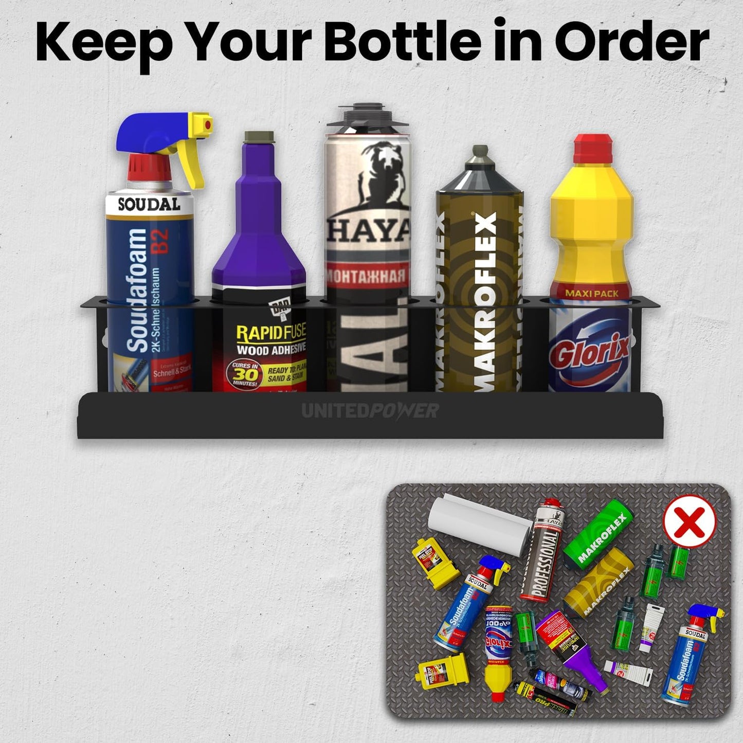 UNITEDPOWER 5 Aerosol Spray Can Holder, Paint Bottle Storage Rack, Steel Wall Mount Shelf, Tool
