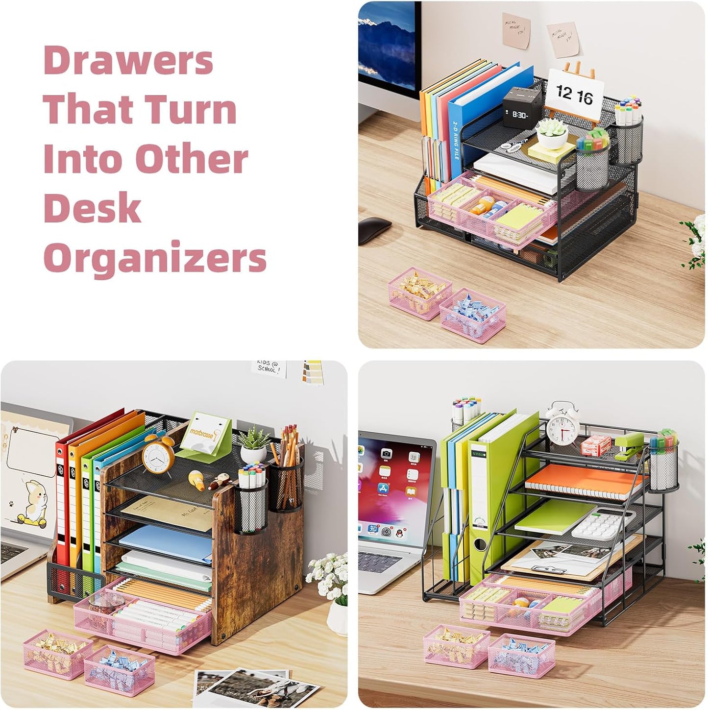 Marbrasse 3 Packs Desk Drawer Organizers, Metal Mesh Dividers with 9 Adjustable Compartments, Pen