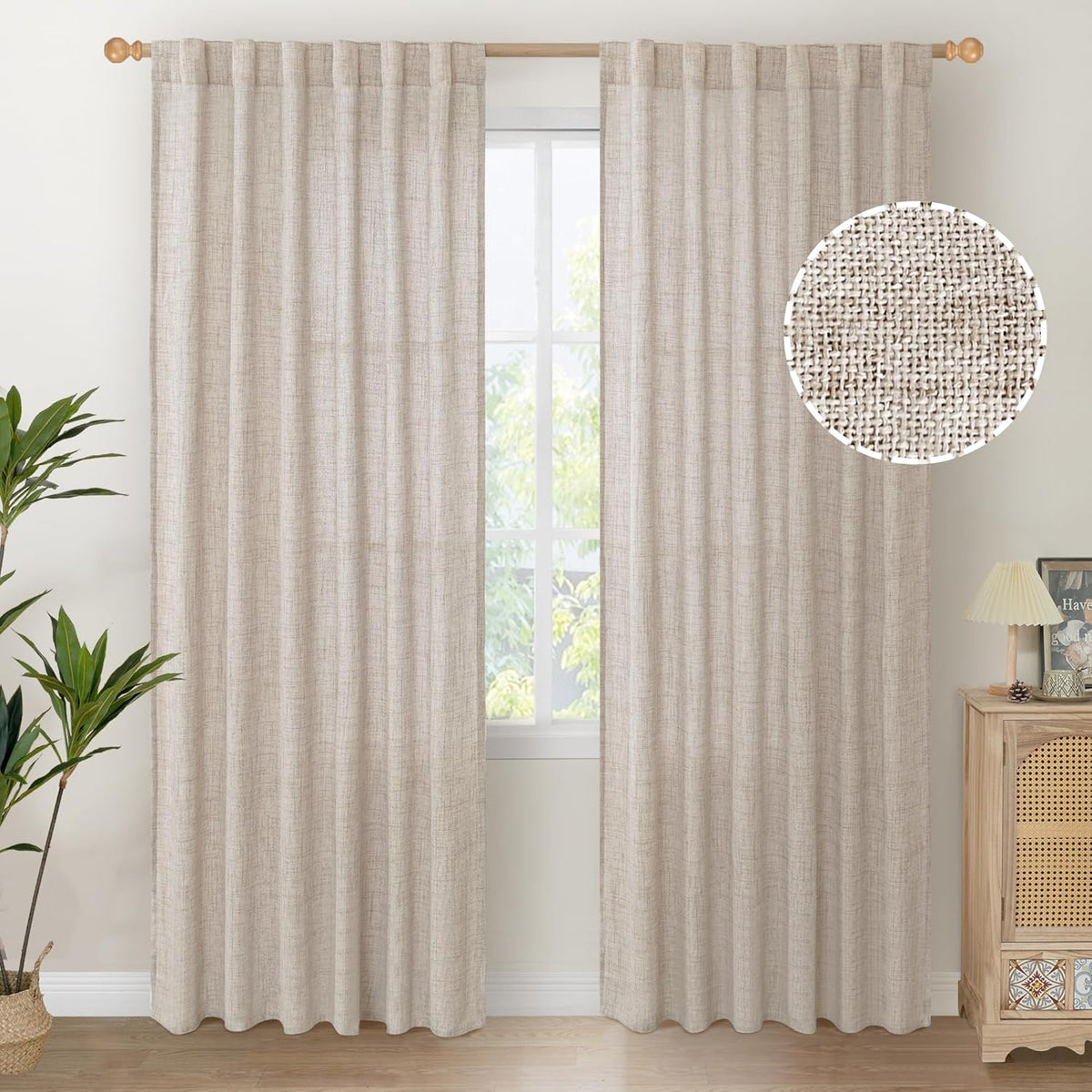 YoungsTex Natural Linen Curtains 80 Inch Length for Living Room, Light Filtering Burlap Textured