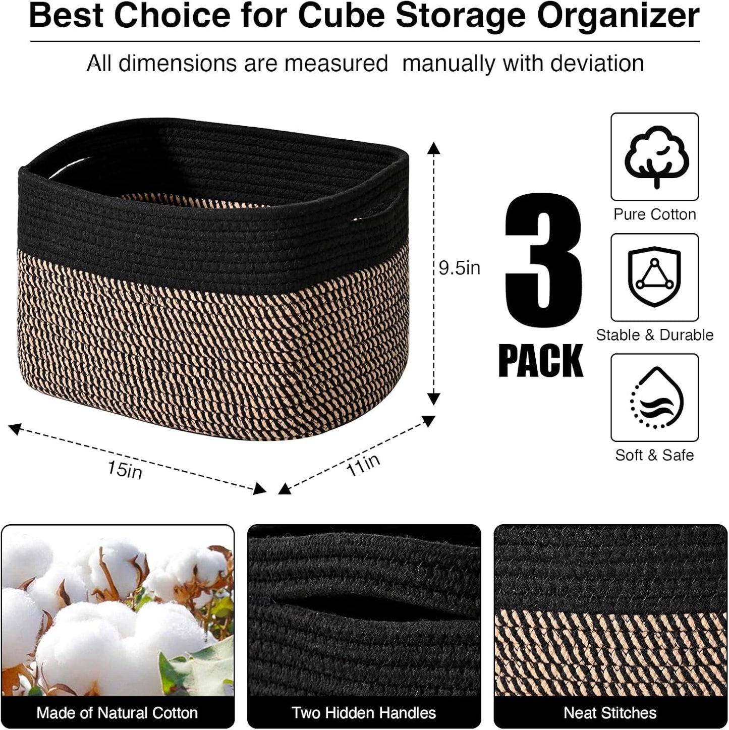 Storage Baskets for Organizing Shelves, Toy Basket for Kid's Room, Woven Cotton Rope Basket for