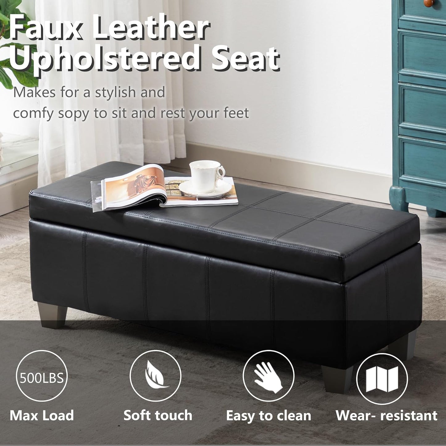 Black Faux Leather Ottoman with Storage, Rectangular Extra Long Storage Bench for Bedroom and