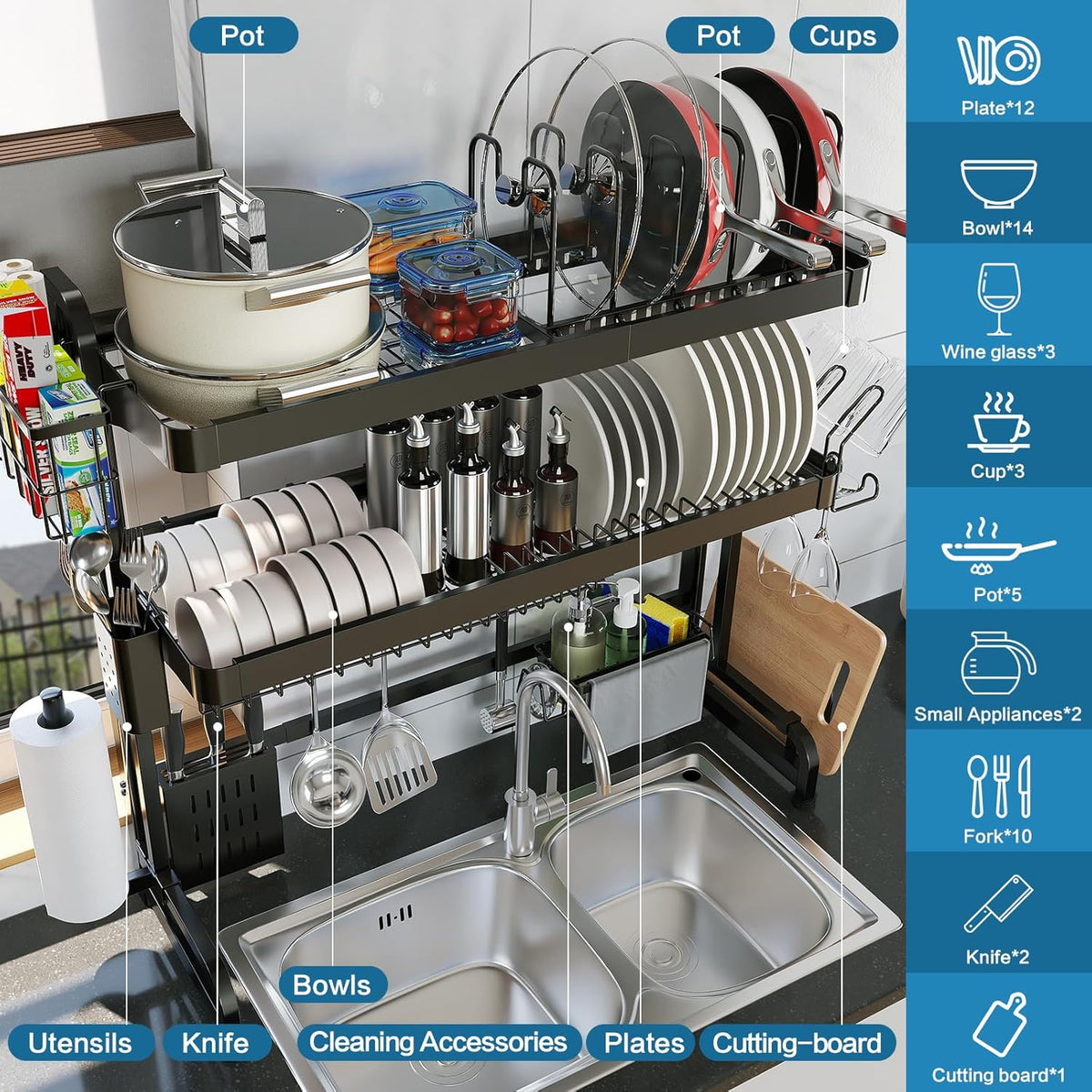 Over The Sink Dish Drying Rack,3 Tier Adjustable Length Full Stainless Steel Large Storage Kitchen