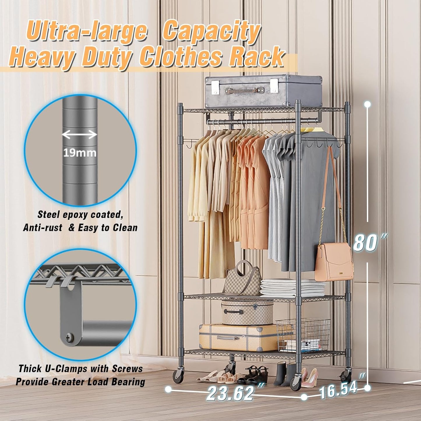 Homdox Garment Rack Heavy Duty, 3 Tier Rolling Clothing Racks for Hanging Clothes, Metal Wardrobe