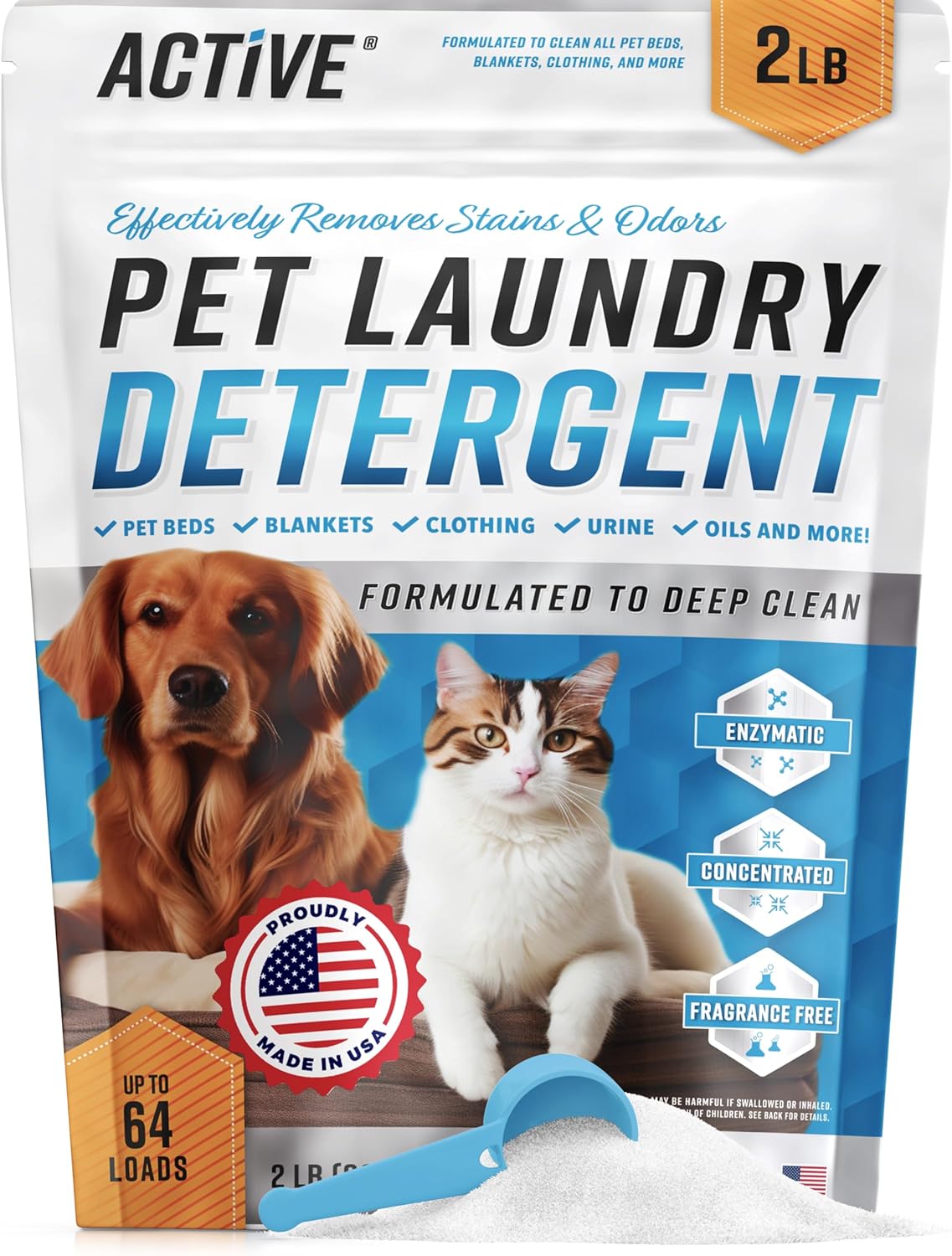 Pet Laundry Detergent Odor Remover - ACTIVE Enzyme Based Powder Detergent for Dogs Beds, Cat Pee