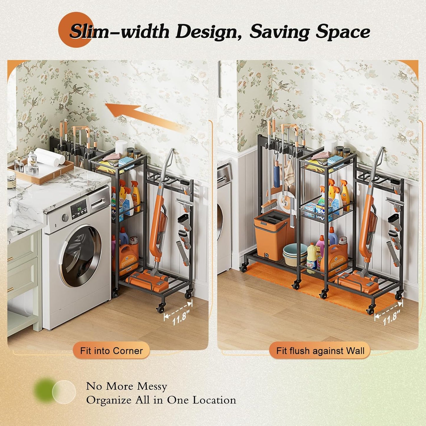Broom Holder with Cleaning Supplies Organizer, Broom Closet Storage Cabinet with Cleaning Caddy