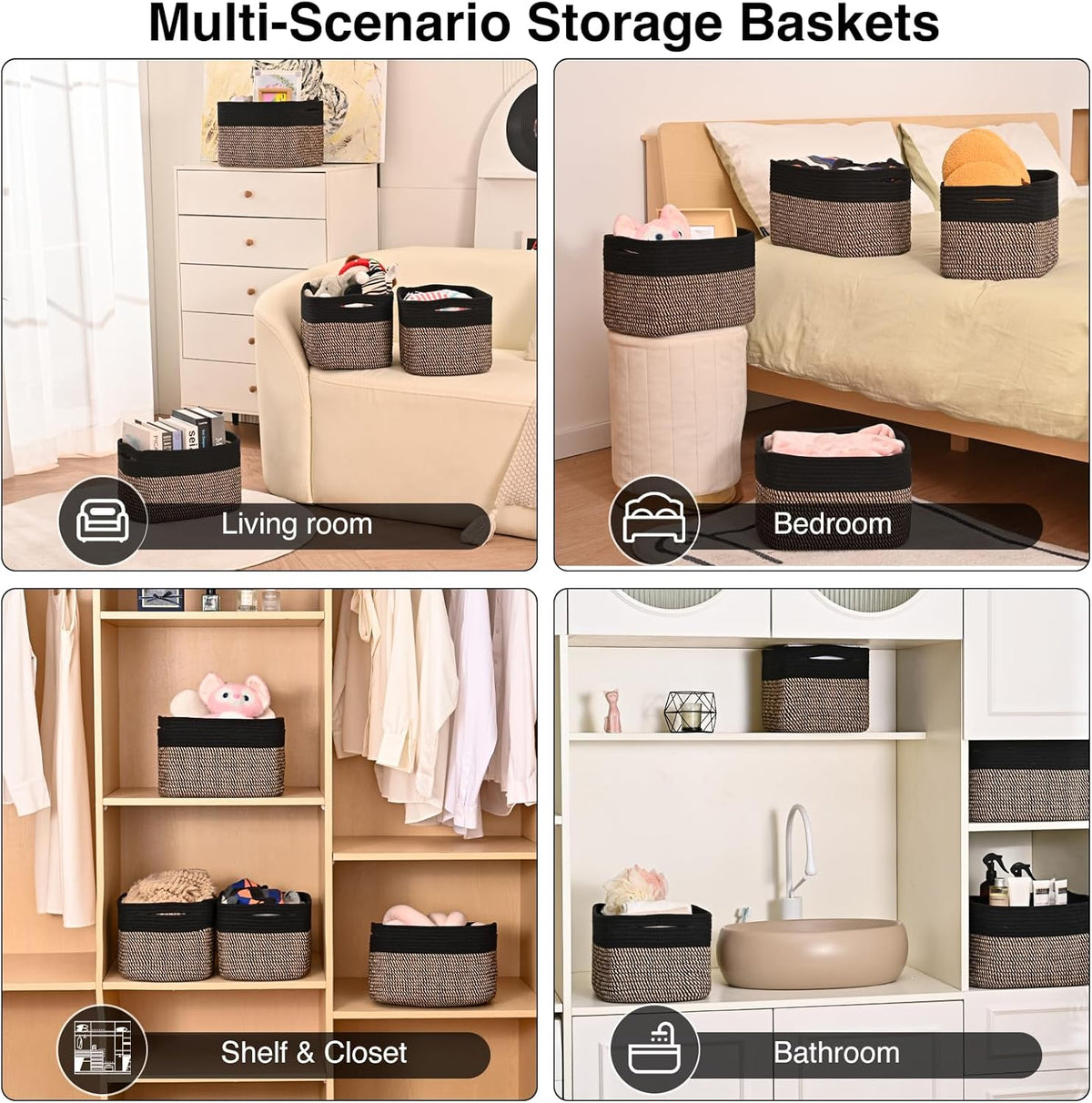 Storage Baskets for Shelves Organizing, Woven Cotton Rope Baskets for Storage, Book Basket