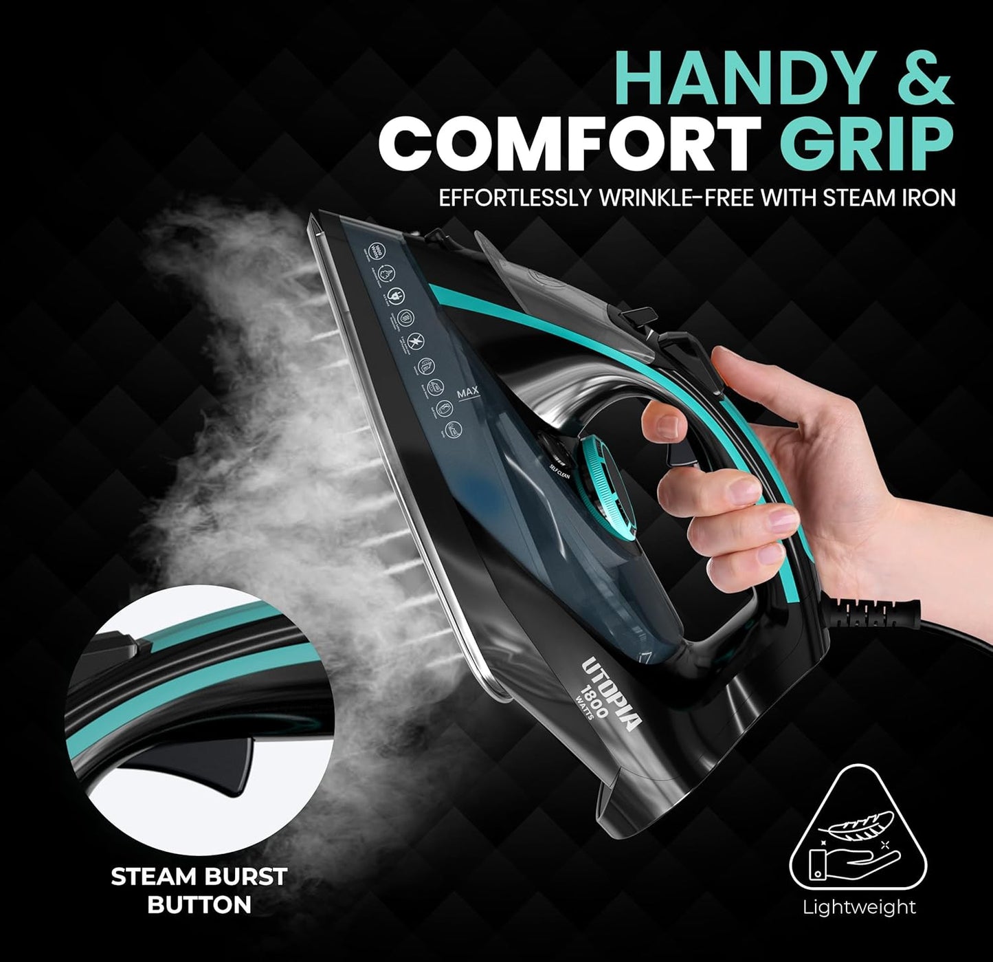 Utopia Home Steam Iron for Clothes - Non-Stick Soleplate - 1800W Clothes Iron With Auto-Off Safety