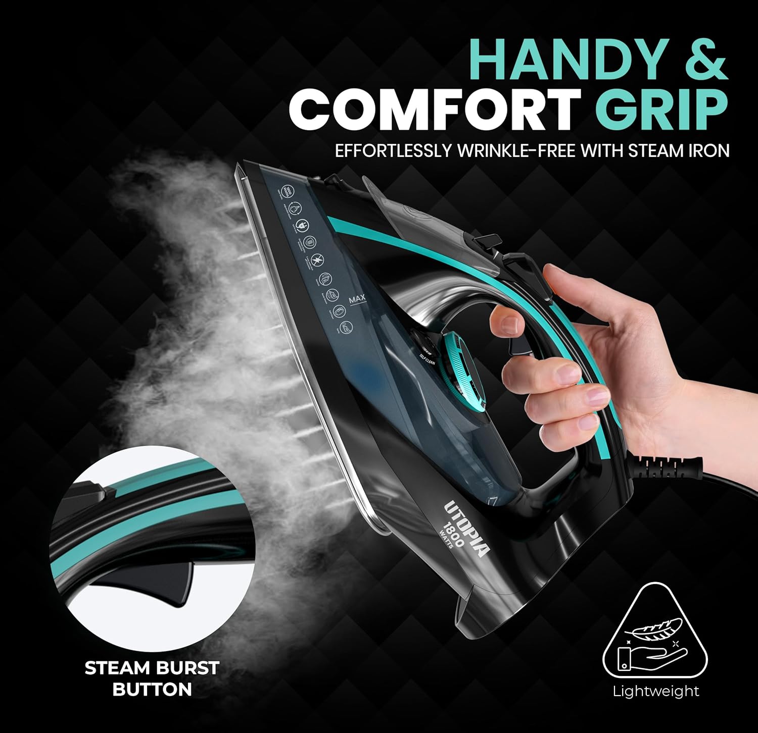 Utopia Home Steam Iron for Clothes - Non-Stick Soleplate - 1800W Clothes Iron With Auto-Off Safety