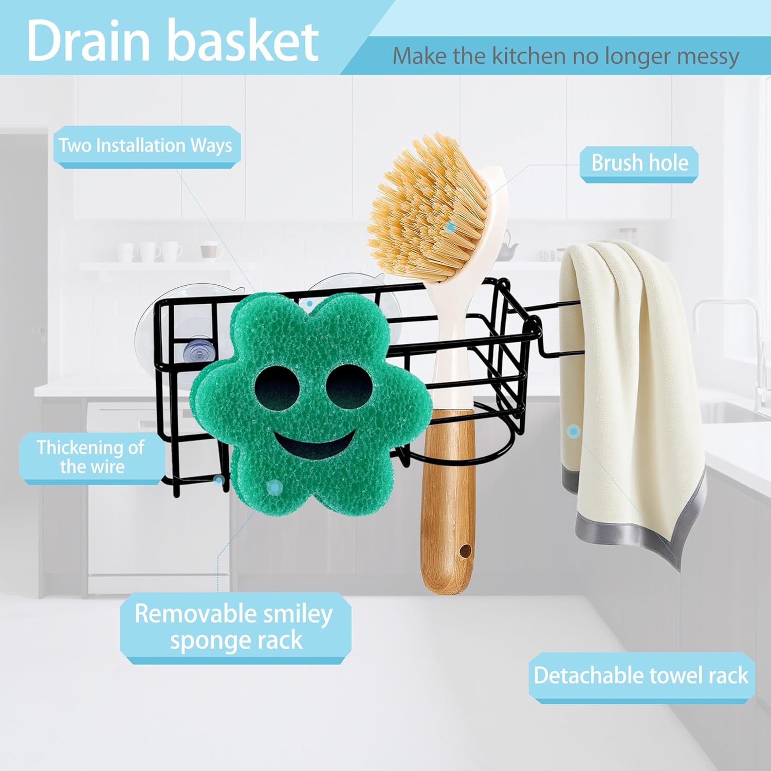 Sponge Holder Smile Face with Dish Cloth Hanger for Kitchen Sink, In-sink Caddy Organizer with