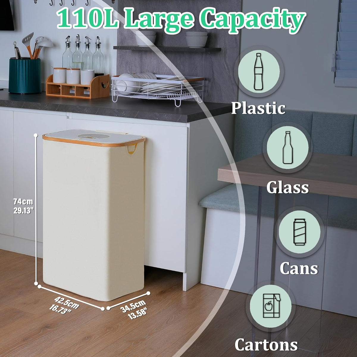 29 Gallons Recycling Bins for Kitchen, Indoor Recycle Bins with Lid, 110L Large Recycle bin with 2