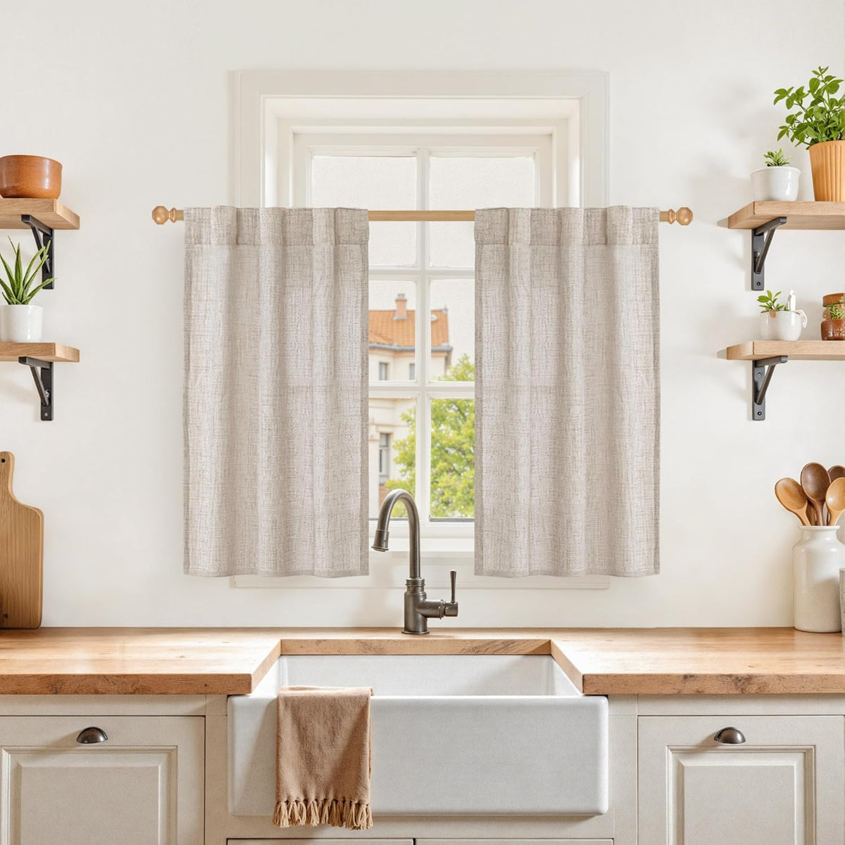 YoungsTex Cafe Linen Curtains 36 Inch Length for Kitchen Window Over Sink - Small Half Window