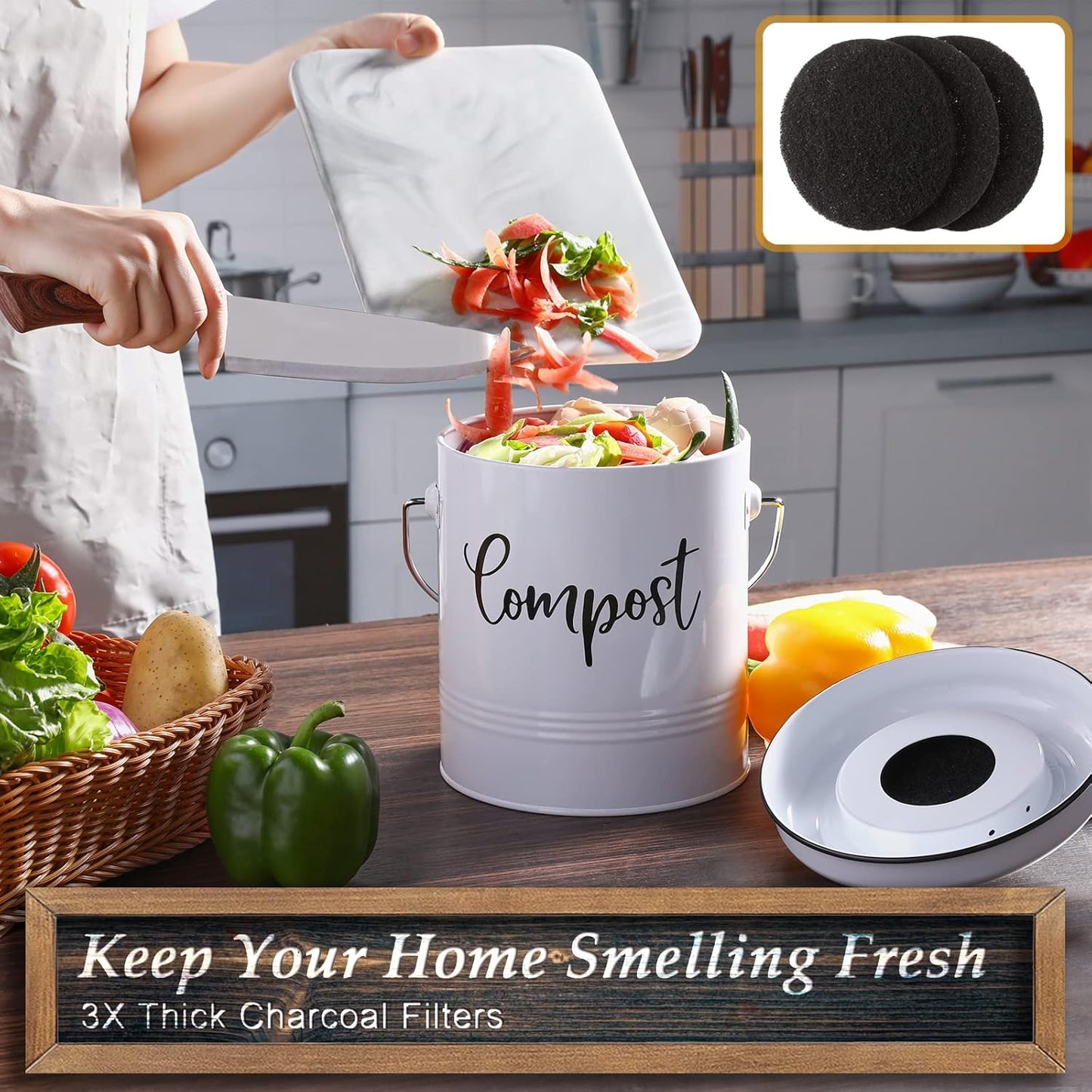 Compost Bin Kitchen, 1.3 Gallon Farmhouse Kitchen Compost Bin Countertop, Indoor Countertop Compost