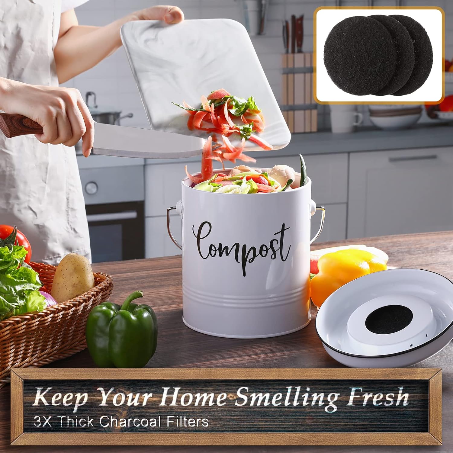 Compost Bin Kitchen, 1.3 Gallon Farmhouse Kitchen Compost Bin Countertop, Indoor Countertop Compost