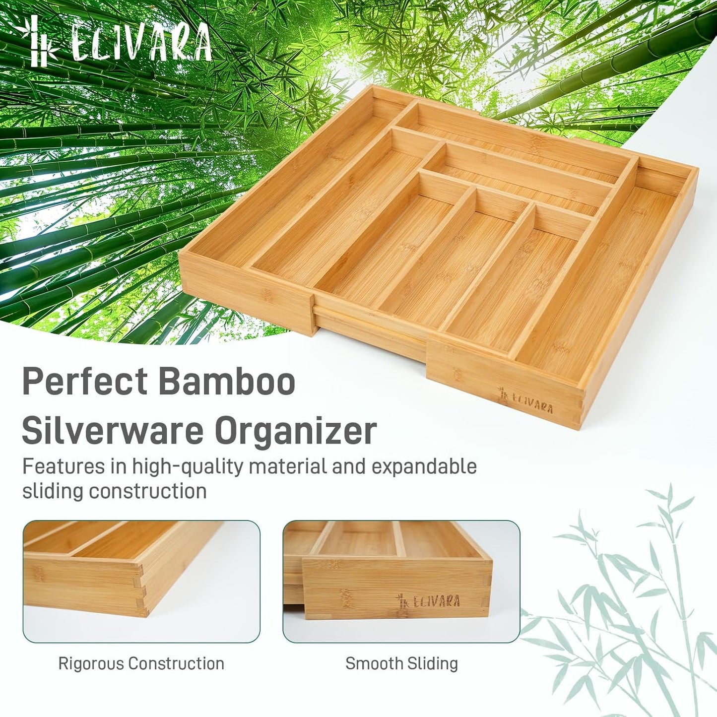 100% Bamboo Expandable Drawer Organizer - Adjustable Utensil and Cutlery Tray for Kitchen, Office